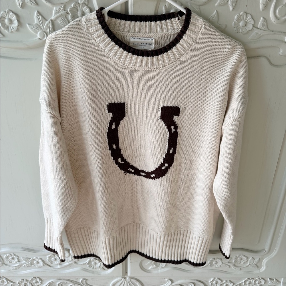 NWT SOHO & Stella Cream Sweater with Brown Horseshoe details